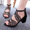 2020  New Style Women Summer Hollow Out Faux Leather Rhinestones Thick Heel Zipper Sandals Shoes Eur