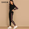 SHEIN Streetwear Black Striped Tape Tee Pants Long Sleeve Round Neck Set Women