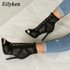 Eilyken 2019 Fashion Black Summer Sandals Lace Up Cross-tied Peep Toe High Heel Ankle Strap Net Surface Hollow Out Sandals